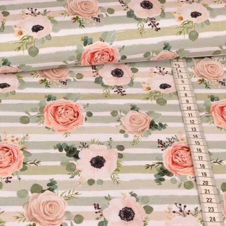 Jersey Swafing - Magic of Roses on Stripes Mint - White