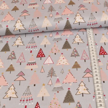 cotton fabric foil print - christmas forest on light grey