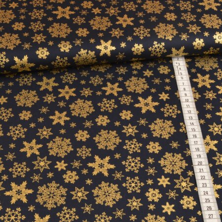 cotton fabric foil print - golden dream of snowflakes on navy