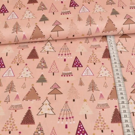 cotton fabric foil print - christmas forest on light rosé