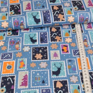 cotton fabric - christmas stamps - blue