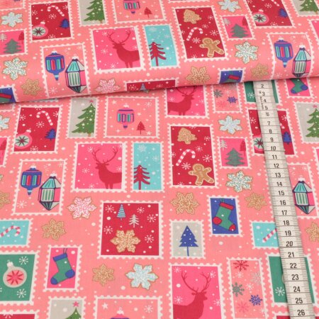 cotton fabric - christmas stamps - rosé