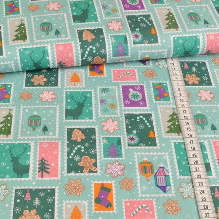 cotton fabric - christmas stamps - mint