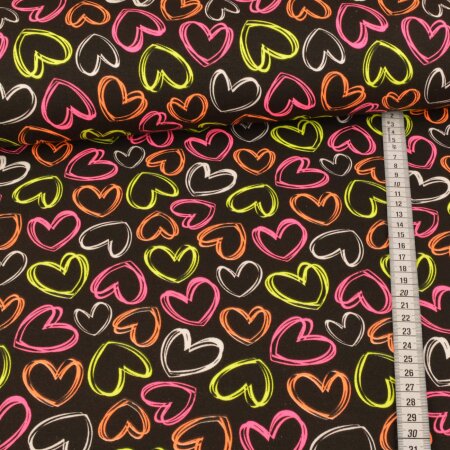 French Terry brushed -  Neon Hearts on Black